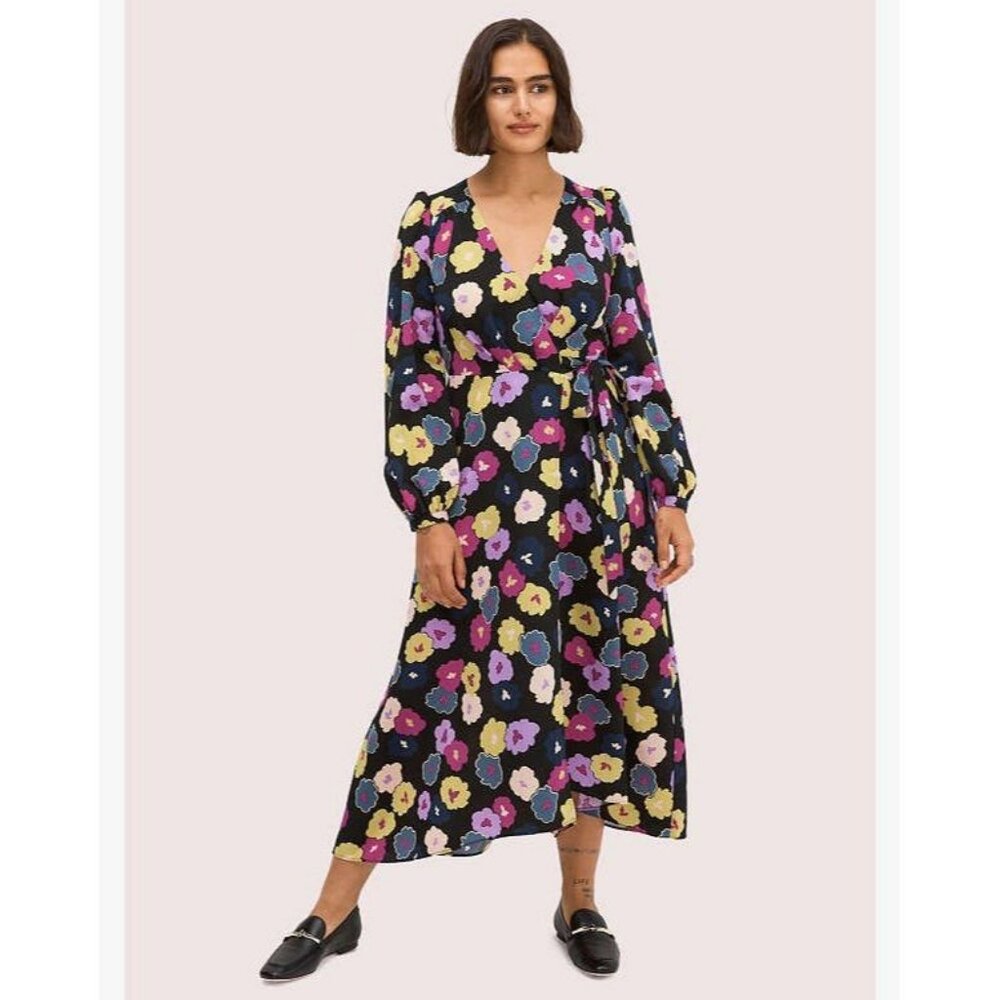 NEW Kate Spade Winter Garden Midi in Black Floral Print Wrap Dress Size 6